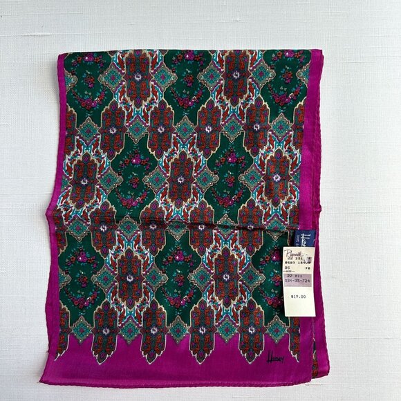 Vintage Silk Scarf Honey NWT 10x50, Geometric Floral Print, Fuchsia Green Red - Picture 4 of 10